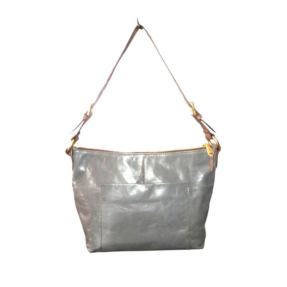 HOBO Charlie Grey Leather Shoulder Bag W/ Brown Strap & Brass Hardware 13"X9"X5" - Picture 1 of 14